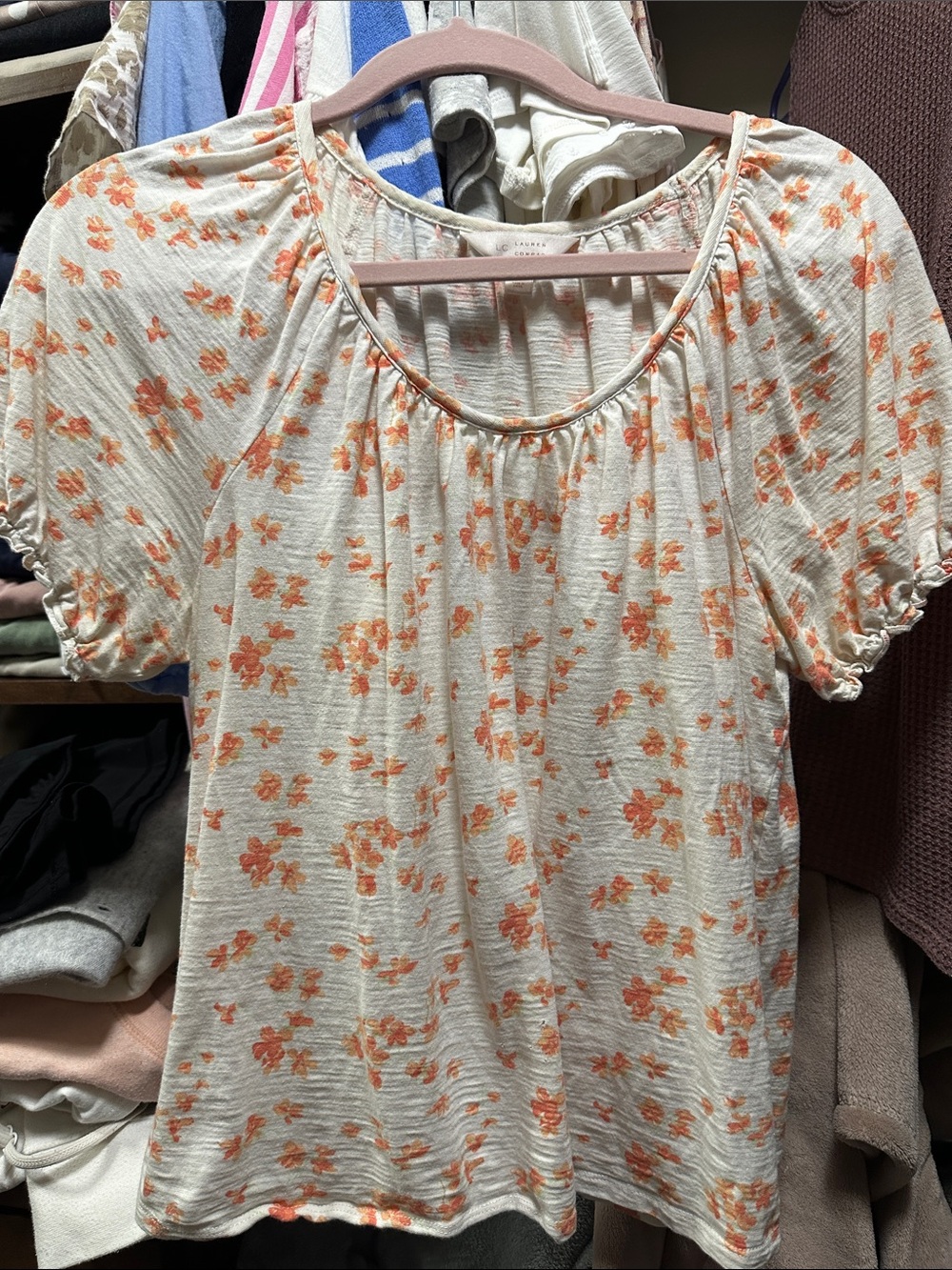 LC Lauren Conrad Cream Short-Sleeve Floral Blouse with Orange Print